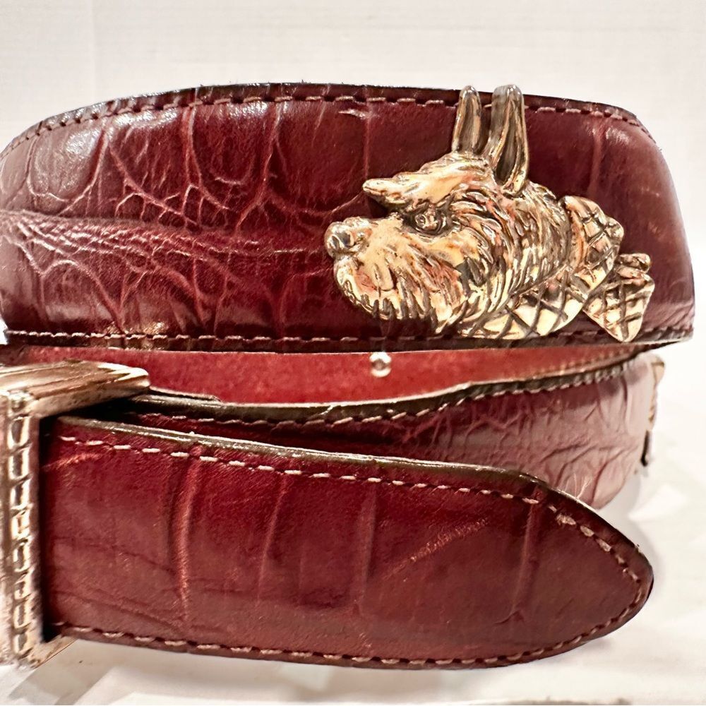 Talbots Burgundy Croc-Embossed Leather Belt with Silver Dog Head Accents - Picture 3 of 7